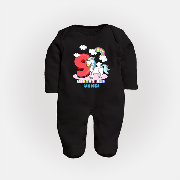 Custom Baby Full Sleeve Bodysuit/ Sleep Suit/ Jumpsuit for 9 Month Milestone | Soft Cotton Full Sleeve Bodysuit/ Sleep Suit/ Jumpsuit | Personalized Name Print - BLACK - New Born (Chest 7.5")