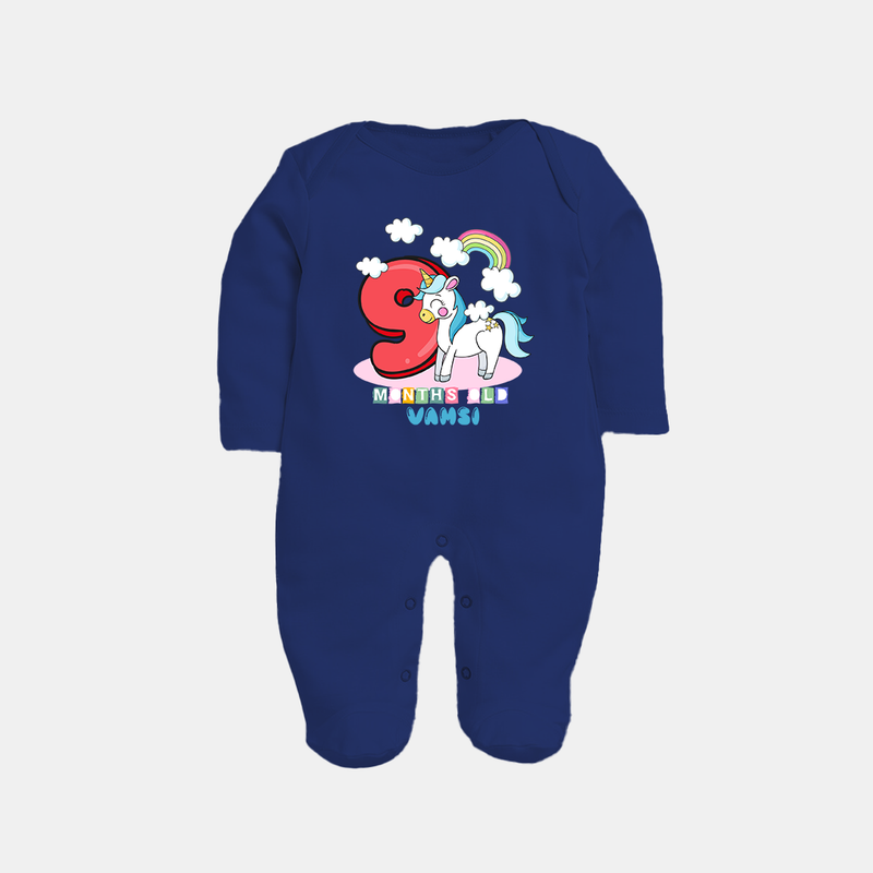 Custom Baby Full Sleeve Bodysuit/ Sleep Suit/ Jumpsuit for 9 Month Milestone | Soft Cotton Full Sleeve Bodysuit/ Sleep Suit/ Jumpsuit | Personalized Name Print - NAVY BLUE - New Born (Chest 7.5")