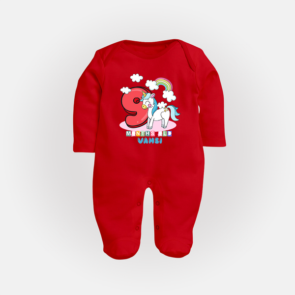 Custom Baby Full Sleeve Bodysuit/ Sleep Suit/ Jumpsuit for 9 Month Milestone | Soft Cotton Full Sleeve Bodysuit/ Sleep Suit/ Jumpsuit | Personalized Name Print - RED - New Born (Chest 7.5")