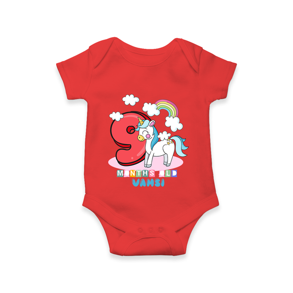 Custom Baby Romper/Onesie for 9 Month Milestone | Soft Cotton Bodysuit | Personalized Name Print - RED - New Born (Chest 14")