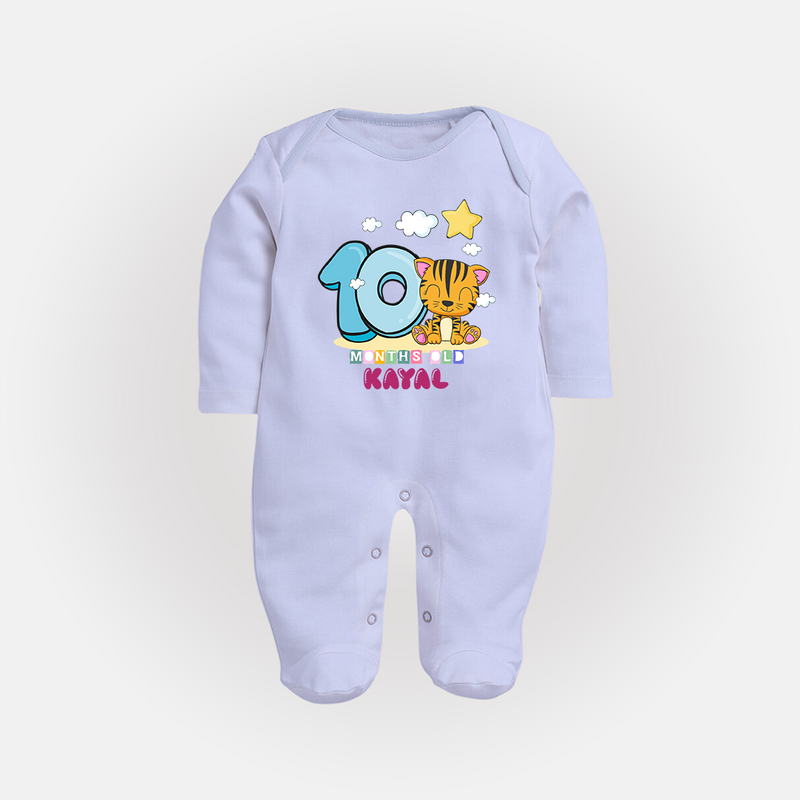 Custom Baby Full Sleeve Bodysuit/ Sleep Suit/ Jumpsuit for 10 Month Milestone | Soft Cotton Full Sleeve Bodysuit/ Sleep Suit/ Jumpsuit | Personalized Name Print - BABY BLUE - New Born (Chest 7.5")