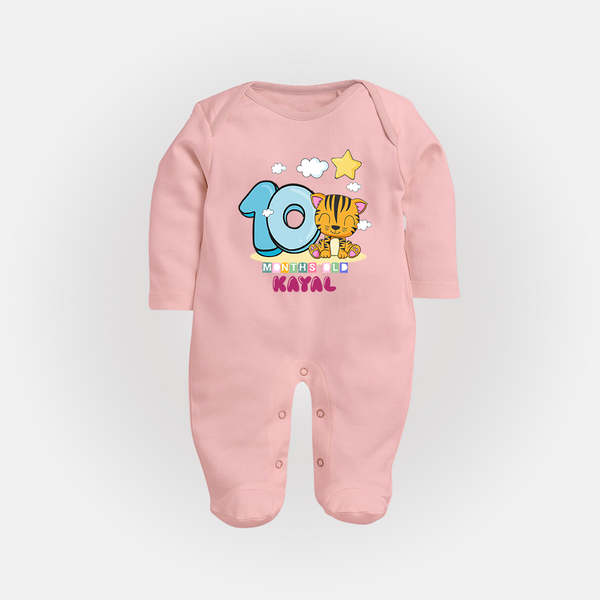 Custom Baby Full Sleeve Bodysuit/ Sleep Suit/ Jumpsuit for 10 Month Milestone | Soft Cotton Full Sleeve Bodysuit/ Sleep Suit/ Jumpsuit | Personalized Name Print - BABY PINK - New Born (Chest 7.5")