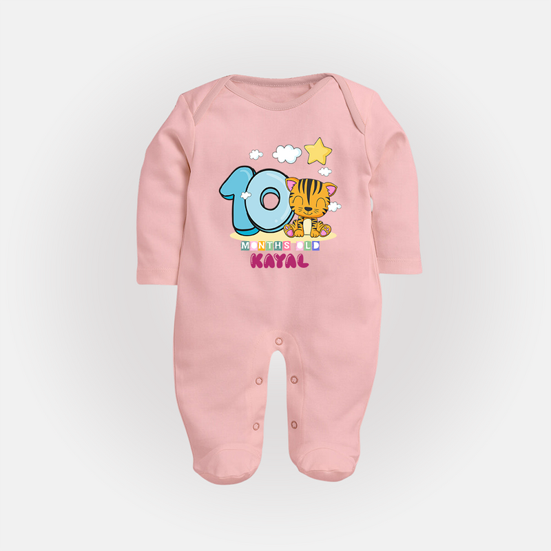 Custom Baby Full Sleeve Bodysuit/ Sleep Suit/ Jumpsuit for 10 Month Milestone | Soft Cotton Full Sleeve Bodysuit/ Sleep Suit/ Jumpsuit | Personalized Name Print - BABY PINK - New Born (Chest 7.5")
