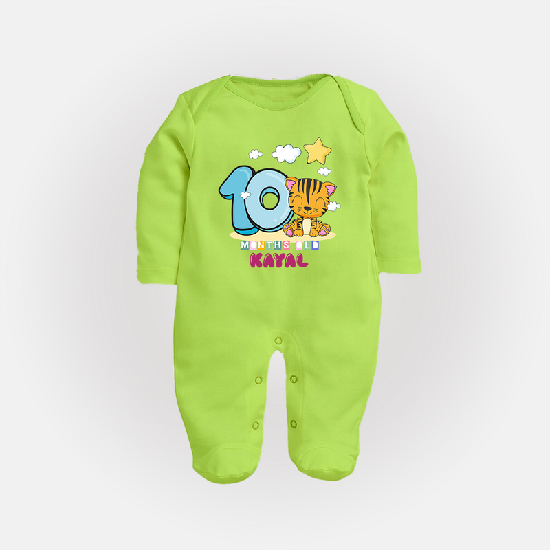 Custom Baby Full Sleeve Bodysuit/ Sleep Suit/ Jumpsuit for 10 Month Milestone | Soft Cotton Full Sleeve Bodysuit/ Sleep Suit/ Jumpsuit | Personalized Name Print - LIME GREEN - New Born (Chest 7.5")