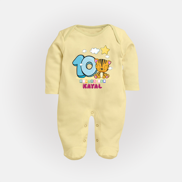 Custom Baby Full Sleeve Bodysuit/ Sleep Suit/ Jumpsuit for 10 Month Milestone | Soft Cotton Full Sleeve Bodysuit/ Sleep Suit/ Jumpsuit | Personalized Name Print - PASTEL YELLOW - New Born (Chest 7.5")