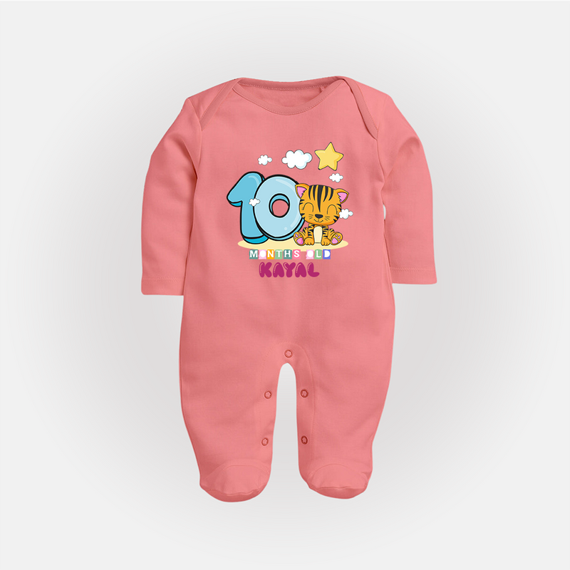 Custom Baby Full Sleeve Bodysuit/ Sleep Suit/ Jumpsuit for 10 Month Milestone | Soft Cotton Full Sleeve Bodysuit/ Sleep Suit/ Jumpsuit | Personalized Name Print - PEACH - New Born (Chest 7.5")