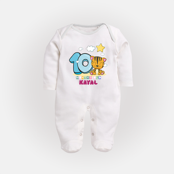 Custom Baby Full Sleeve Bodysuit/ Sleep Suit/ Jumpsuit for 10 Month Milestone | Soft Cotton Full Sleeve Bodysuit/ Sleep Suit/ Jumpsuit | Personalized Name Print - WHITE - New Born (Chest 7.5")