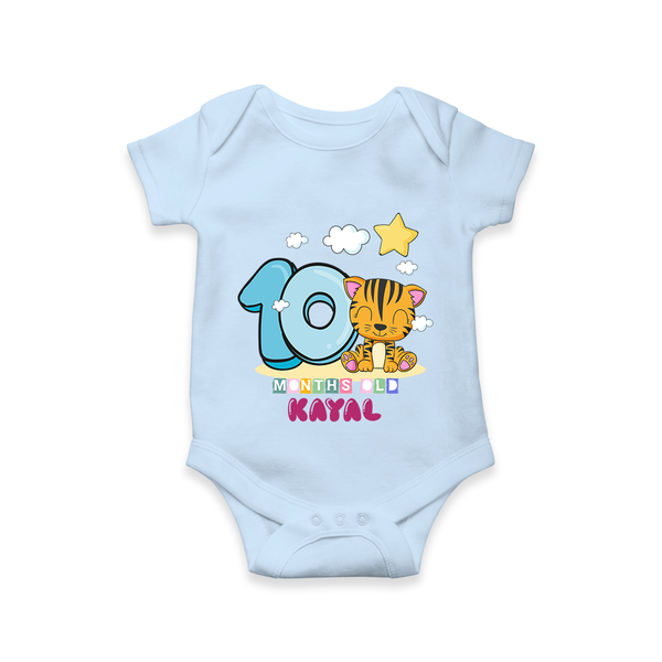 Custom Baby Romper/Onesie for 10 Month Milestone | Soft Cotton Bodysuit | Personalized Name Print - BABY BLUE - New Born (Chest 14")