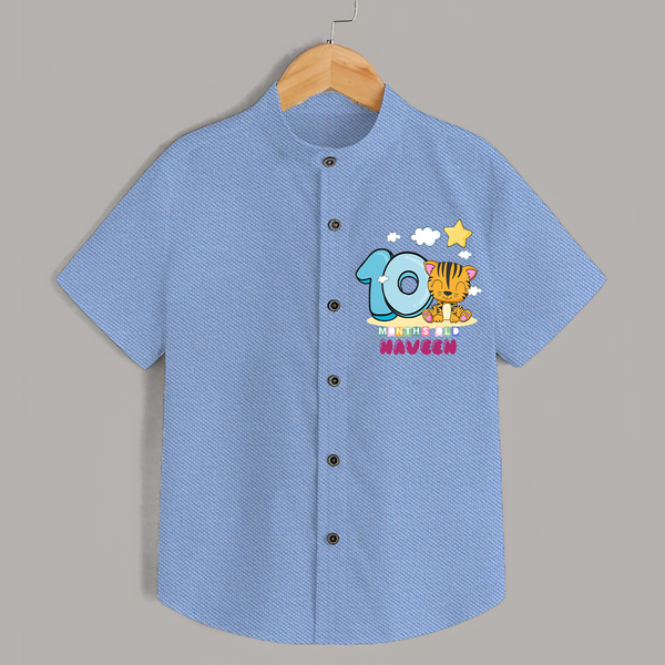 Custom Baby Shirt for 10 Month Milestone | Soft Cotton Shirt | Personalized Name Print - SKY BLUE - 0 - 6 Months Old (Chest 23")
