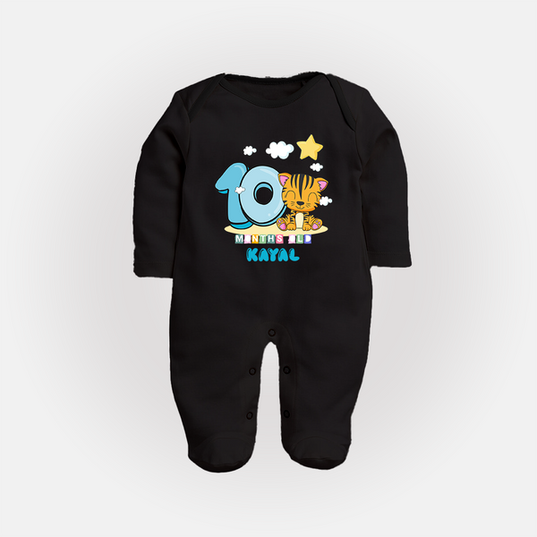Custom Baby Full Sleeve Bodysuit/ Sleep Suit/ Jumpsuit for 10 Month Milestone | Soft Cotton Full Sleeve Bodysuit/ Sleep Suit/ Jumpsuit | Personalized Name Print - BLACK - New Born (Chest 7.5")