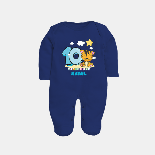 Custom Baby Full Sleeve Bodysuit/ Sleep Suit/ Jumpsuit for 10 Month Milestone | Soft Cotton Full Sleeve Bodysuit/ Sleep Suit/ Jumpsuit | Personalized Name Print - NAVY BLUE - New Born (Chest 7.5")