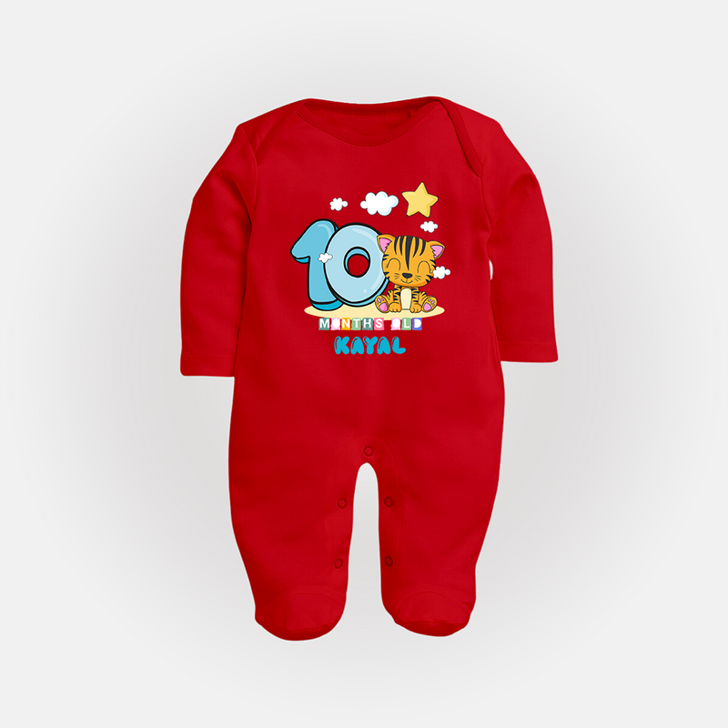 Custom Baby Full Sleeve Bodysuit/ Sleep Suit/ Jumpsuit for 10 Month Milestone | Soft Cotton Full Sleeve Bodysuit/ Sleep Suit/ Jumpsuit | Personalized Name Print - RED - New Born (Chest 7.5")