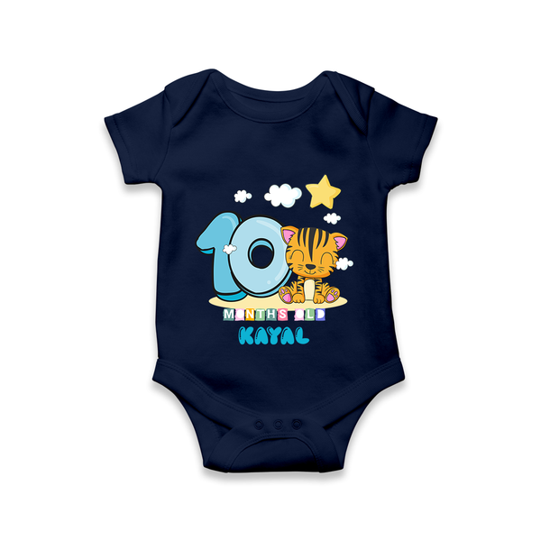 Custom Baby Romper/Onesie for 10 Month Milestone | Soft Cotton Bodysuit | Personalized Name Print - NAVY BLUE - New Born (Chest 14")