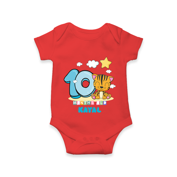 Custom Baby Romper/Onesie for 10 Month Milestone | Soft Cotton Bodysuit | Personalized Name Print - RED - New Born (Chest 14")