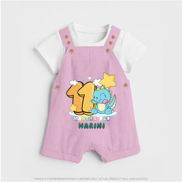 Custom Baby Dungaree Set for 11 Month Milestone | Soft Cotton Dungaree Set | Personalized Name Print - BABY PINK - 0 - 5 Months Old (Chest 18")