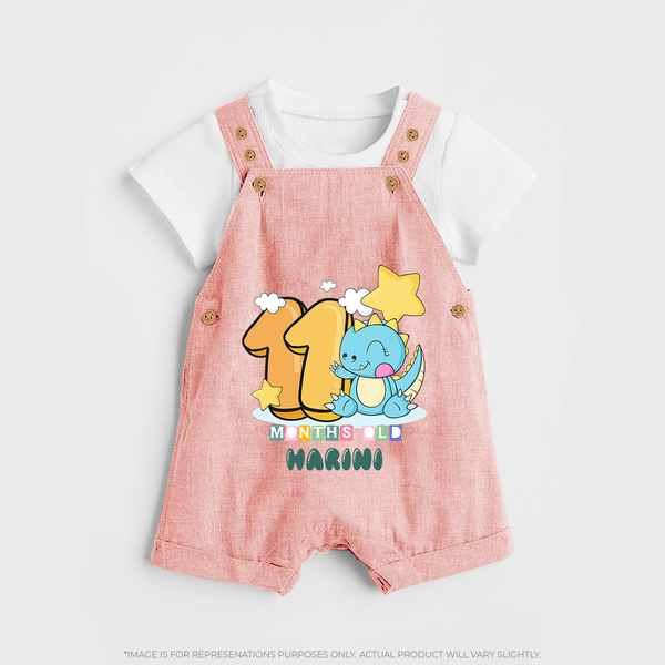 Custom Baby Dungaree Set for 11 Month Milestone | Soft Cotton Dungaree Set | Personalized Name Print - PEACH - 0 - 5 Months Old (Chest 18")