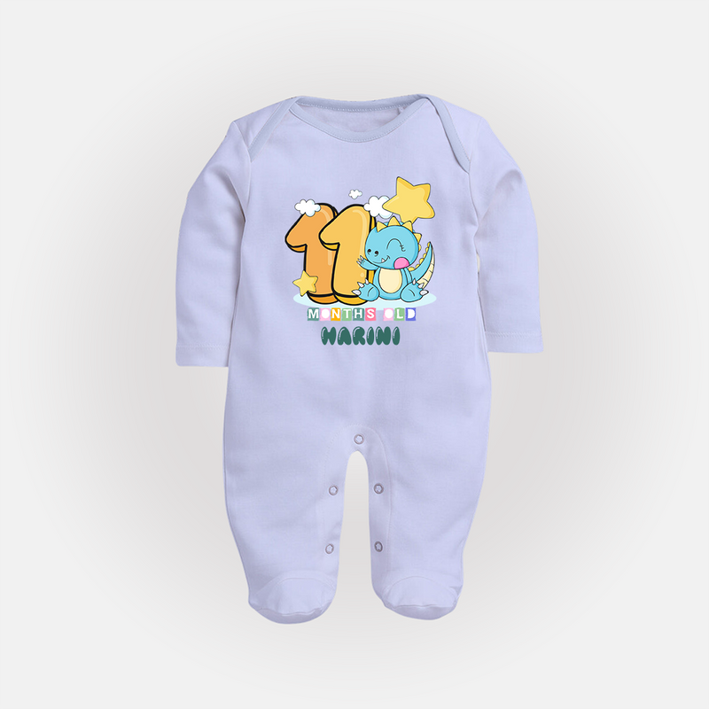 Custom Baby Full Sleeve Bodysuit/ Sleep Suit/ Jumpsuit for 11 Month Milestone | Soft Cotton Full Sleeve Bodysuit/ Sleep Suit/ Jumpsuit | Personalized Name Print - BABY BLUE - New Born (Chest 7.5")