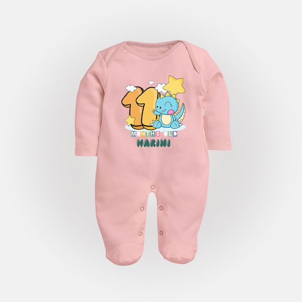 Custom Baby Full Sleeve Bodysuit/ Sleep Suit/ Jumpsuit for 11 Month Milestone | Soft Cotton Full Sleeve Bodysuit/ Sleep Suit/ Jumpsuit | Personalized Name Print - BABY PINK - New Born (Chest 7.5")