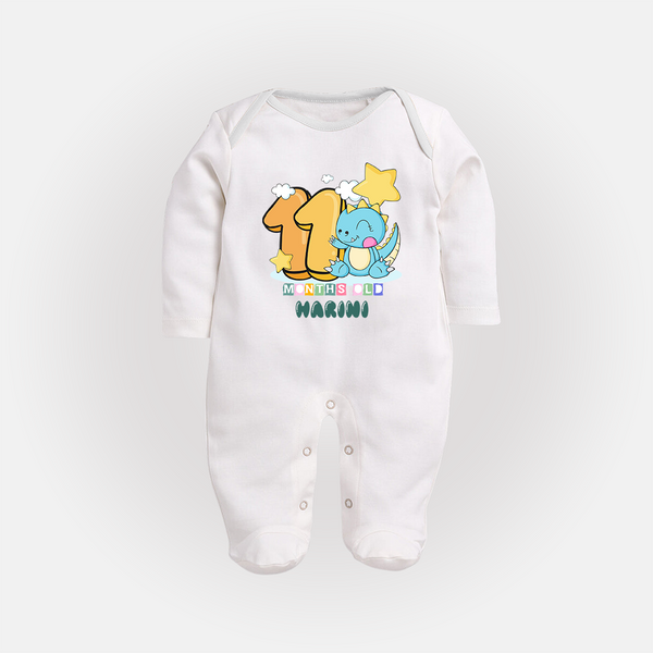 Custom Baby Full Sleeve Bodysuit/ Sleep Suit/ Jumpsuit for 11 Month Milestone | Soft Cotton Full Sleeve Bodysuit/ Sleep Suit/ Jumpsuit | Personalized Name Print - WHITE - New Born (Chest 7.5")