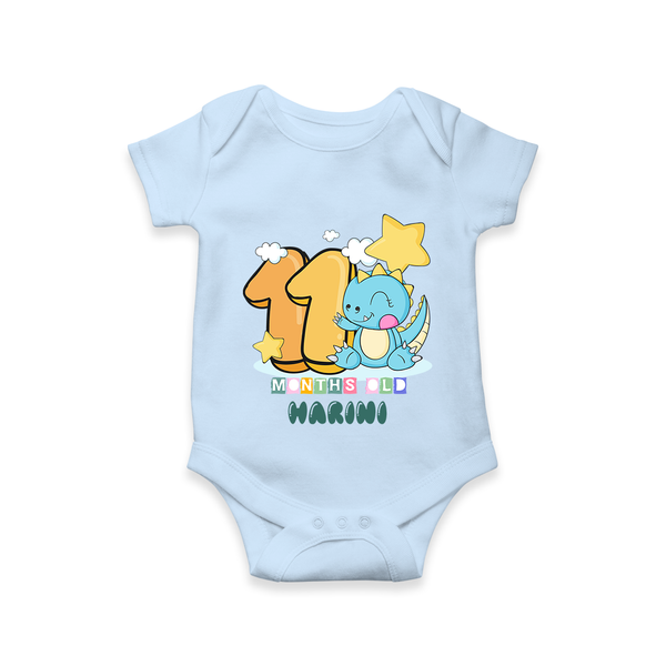Custom Baby Romper/Onesie for 11 Month Milestone | Soft Cotton Bodysuit | Personalized Name Print - BABY BLUE - New Born (Chest 14")