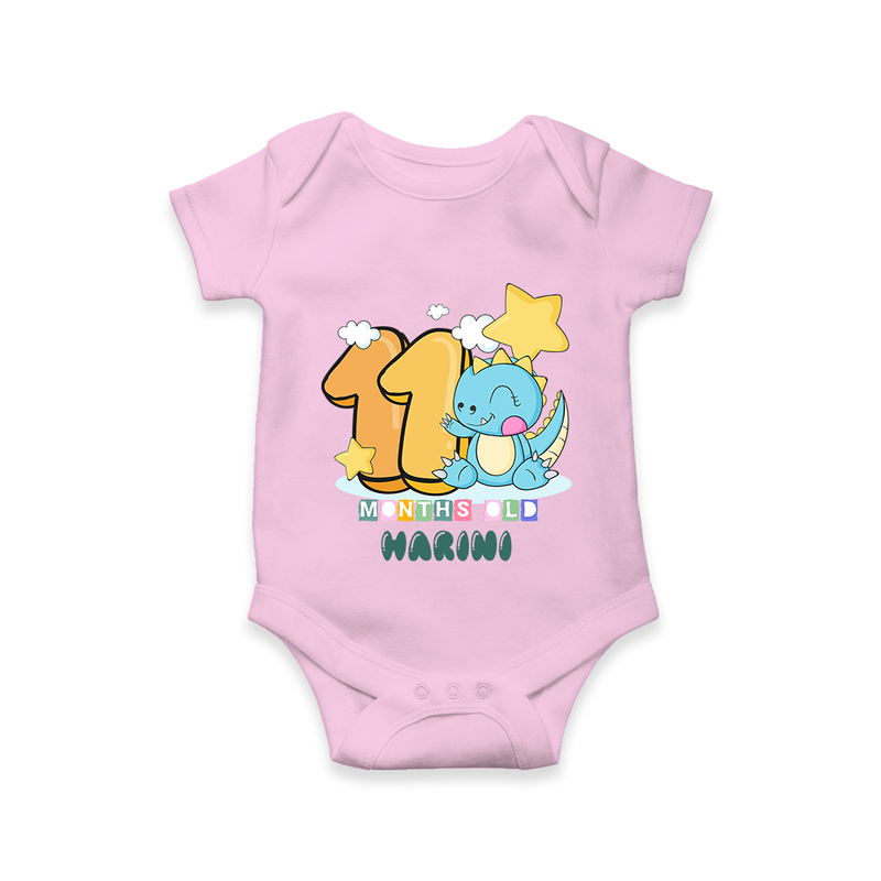 Custom Baby Romper/Onesie for 11 Month Milestone | Soft Cotton Bodysuit | Personalized Name Print - BABY PINK - New Born (Chest 14")