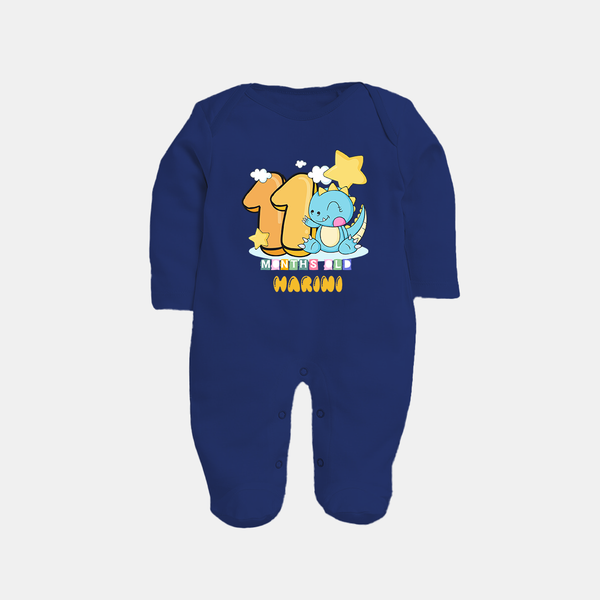 Custom Baby Full Sleeve Bodysuit/ Sleep Suit/ Jumpsuit for 11 Month Milestone | Soft Cotton Full Sleeve Bodysuit/ Sleep Suit/ Jumpsuit | Personalized Name Print - NAVY BLUE - New Born (Chest 7.5")