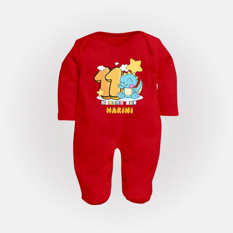 Custom Baby Full Sleeve Bodysuit/ Sleep Suit/ Jumpsuit for 11 Month Milestone | Soft Cotton Full Sleeve Bodysuit/ Sleep Suit/ Jumpsuit | Personalized Name Print - RED - New Born (Chest 7.5")