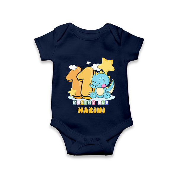 Custom Baby Romper/Onesie for 11 Month Milestone | Soft Cotton Bodysuit | Personalized Name Print - NAVY BLUE - New Born (Chest 14")