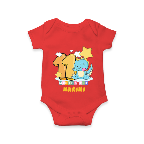 Custom Baby Romper/Onesie for 11 Month Milestone | Soft Cotton Bodysuit | Personalized Name Print - RED - New Born (Chest 14")