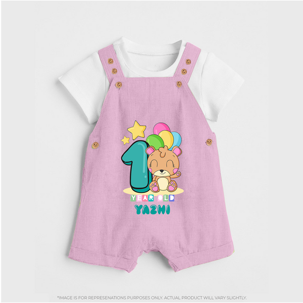 Custom Baby Dungaree Set for 1 Year Milestone | Soft Cotton Dungaree Set | Personalized Name Print - BABY PINK - 0 - 5 Months Old (Chest 18")