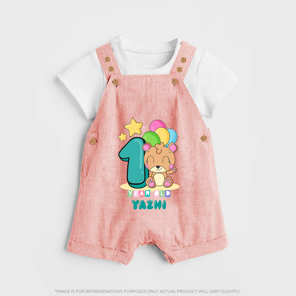 Custom Baby Dungaree Set for 1 Year Milestone | Soft Cotton Dungaree Set | Personalized Name Print - PEACH - 0 - 5 Months Old (Chest 18")