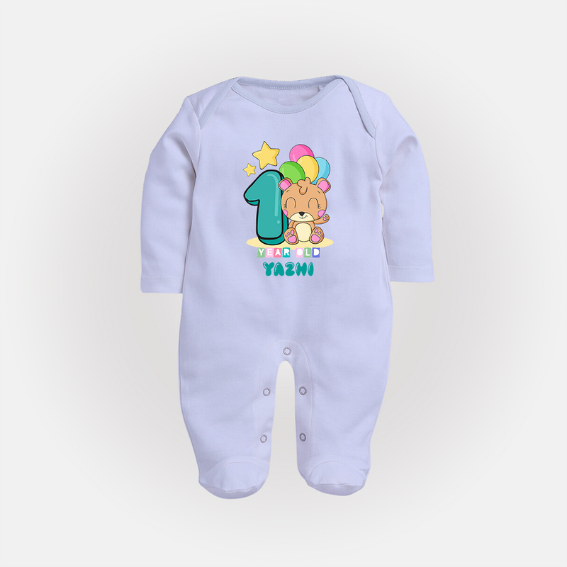 Custom Baby Full Sleeve Bodysuit/ Sleep Suit/ Jumpsuit for 1 Year Milestone | Soft Cotton Full Sleeve Bodysuit/ Sleep Suit/ Jumpsuit | Personalized Name Print - BABY BLUE - New Born (Chest 7.5")