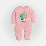Custom Baby Full Sleeve Bodysuit/ Sleep Suit/ Jumpsuit for 1 Year Milestone | Soft Cotton Full Sleeve Bodysuit/ Sleep Suit/ Jumpsuit | Personalized Name Print - BABY PINK - New Born (Chest 7.5")