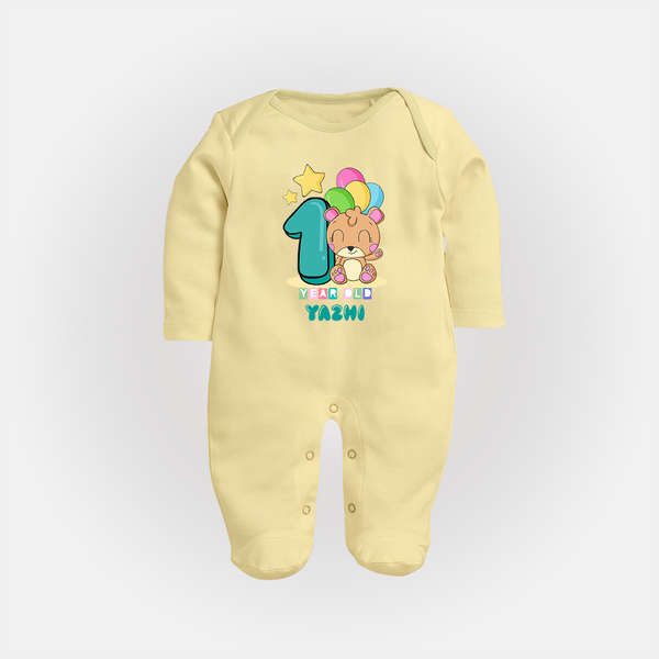 Custom Baby Full Sleeve Bodysuit/ Sleep Suit/ Jumpsuit for 1 Year Milestone | Soft Cotton Full Sleeve Bodysuit/ Sleep Suit/ Jumpsuit | Personalized Name Print - PASTEL YELLOW - New Born (Chest 7.5")