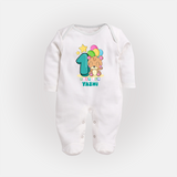 Custom Baby Full Sleeve Bodysuit/ Sleep Suit/ Jumpsuit for 1 Year Milestone | Soft Cotton Full Sleeve Bodysuit/ Sleep Suit/ Jumpsuit | Personalized Name Print - WHITE - New Born (Chest 7.5")