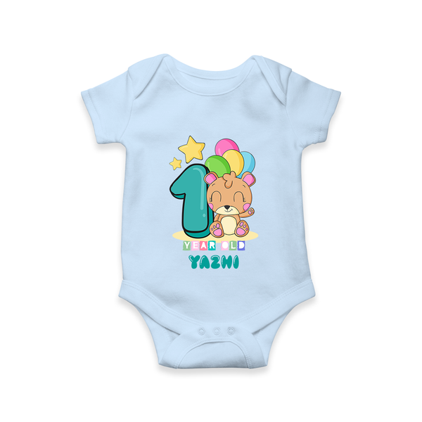 Custom Baby Romper/Onesie for 1 Year Milestone | Soft Cotton Bodysuit | Personalized Name Print - BABY BLUE - New Born (Chest 14")
