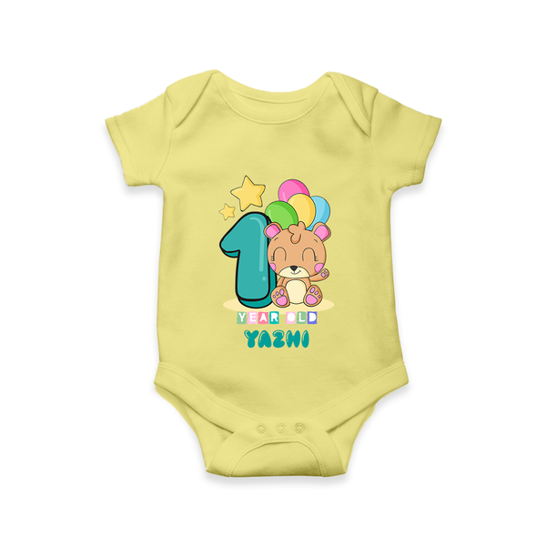 Custom Baby Romper/Onesie for 1 Year Milestone | Soft Cotton Bodysuit | Personalized Name Print - PASTEL YELLOW - New Born (Chest 14")