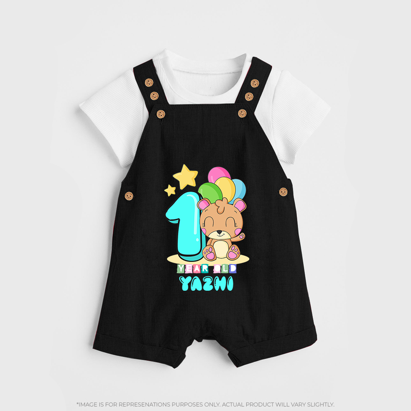 Custom Baby Dungaree Set for 1 Year Milestone | Soft Cotton Dungaree Set | Personalized Name Print - BLACK - 0 - 5 Months Old (Chest 18")