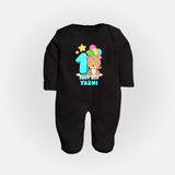 Custom Baby Full Sleeve Bodysuit/ Sleep Suit/ Jumpsuit for 1 Year Milestone | Soft Cotton Full Sleeve Bodysuit/ Sleep Suit/ Jumpsuit | Personalized Name Print - BLACK - New Born (Chest 7.5")