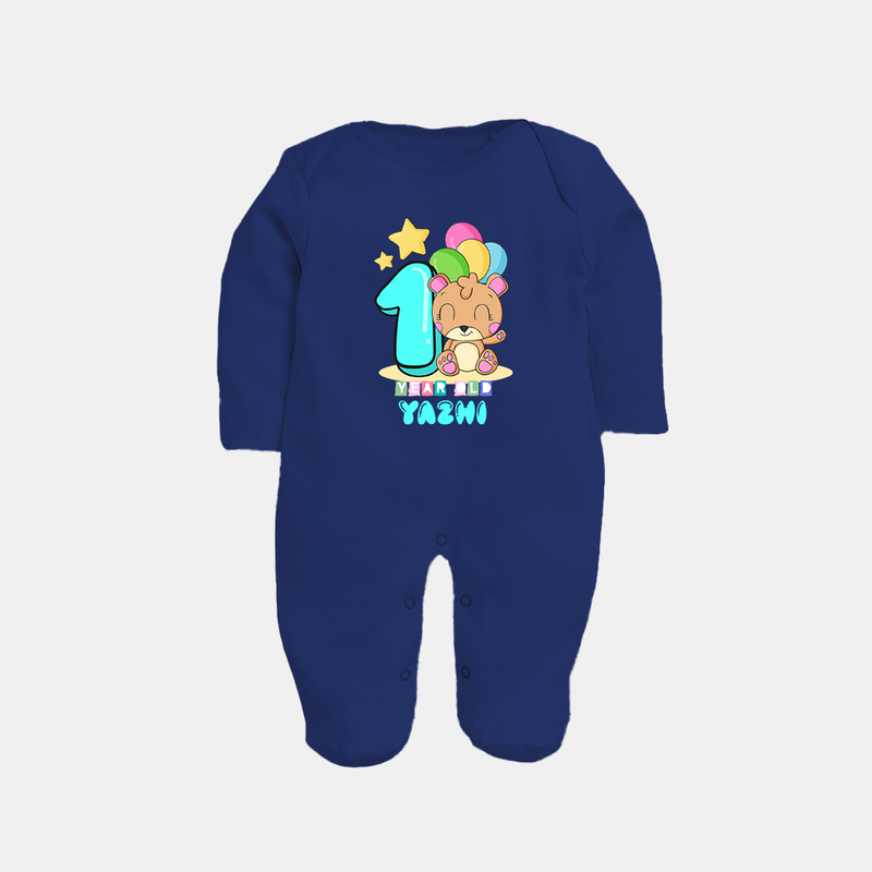 Custom Baby Full Sleeve Bodysuit/ Sleep Suit/ Jumpsuit for 1 Year Milestone | Soft Cotton Full Sleeve Bodysuit/ Sleep Suit/ Jumpsuit | Personalized Name Print - NAVY BLUE - New Born (Chest 7.5")