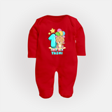 Custom Baby Full Sleeve Bodysuit/ Sleep Suit/ Jumpsuit for 1 Year Milestone | Soft Cotton Full Sleeve Bodysuit/ Sleep Suit/ Jumpsuit | Personalized Name Print - RED - New Born (Chest 7.5")