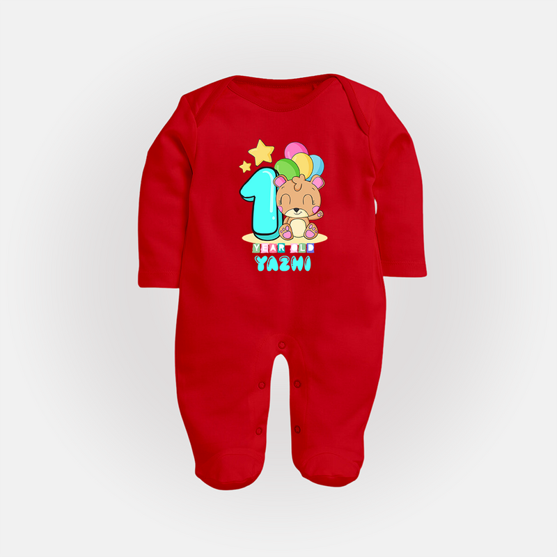 Custom Baby Full Sleeve Bodysuit/ Sleep Suit/ Jumpsuit for 1 Year Milestone | Soft Cotton Full Sleeve Bodysuit/ Sleep Suit/ Jumpsuit | Personalized Name Print - RED - New Born (Chest 7.5")