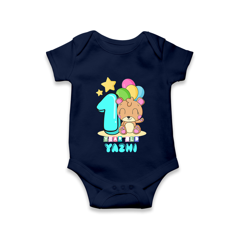 Custom Baby Romper/Onesie for 1 Year Milestone | Soft Cotton Bodysuit | Personalized Name Print - NAVY BLUE - New Born (Chest 14")