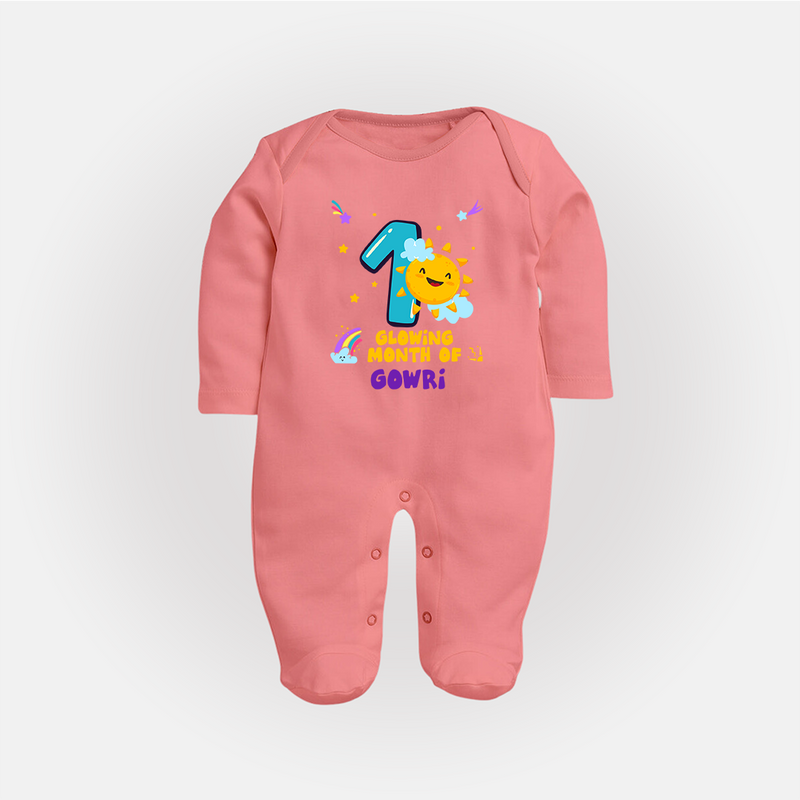 1st Month Baby Outfit | Personalized Full Sleeve Bodysuit/ Sleep Suit/ Jumpsuit for Newborn | Milestone Gift Idea - PEACH - New Born (Chest 7.5")