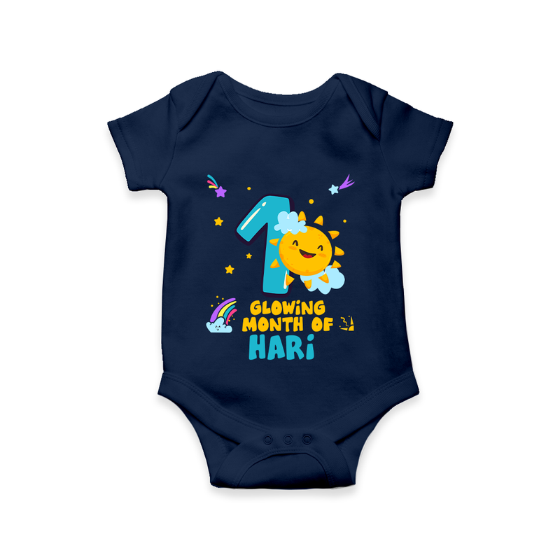 Celebrate The 1st Month Birthday Custom Romper, Personalized with your Little one's name - NAVY BLUE - 0 - 3 Months Old (Chest 16")