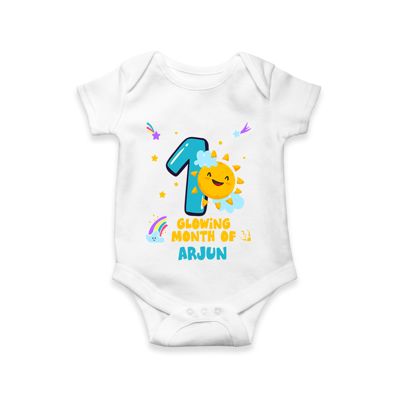 Celebrate The 1st Month Birthday Custom Romper, Personalized with your Little one's name - WHITE - 0 - 3 Months Old (Chest 16")