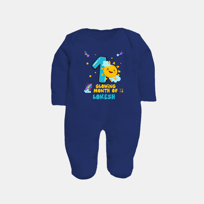 1st Month Baby Outfit | Personalized Full Sleeve Bodysuit/ Sleep Suit/ Jumpsuit for Newborn | Milestone Gift Idea - NAVY BLUE - New Born (Chest 7.5")