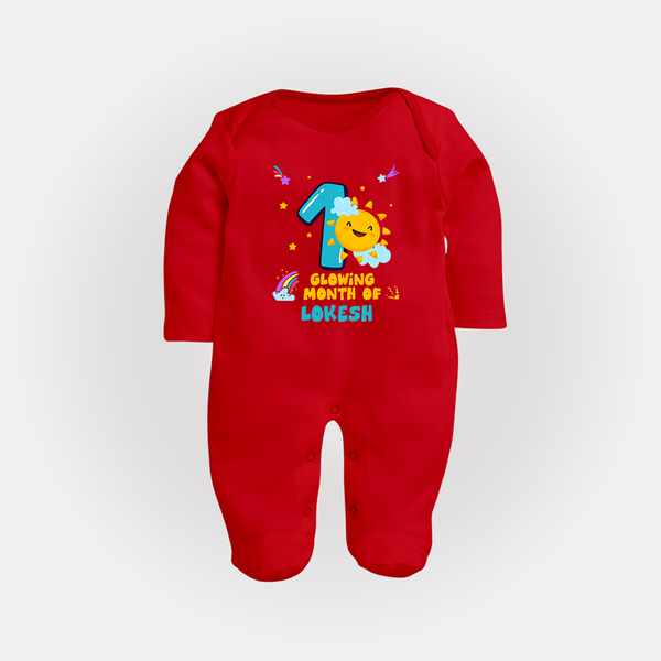 1st Month Baby Outfit | Personalized Full Sleeve Bodysuit/ Sleep Suit/ Jumpsuit for Newborn | Milestone Gift Idea - RED - New Born (Chest 7.5")