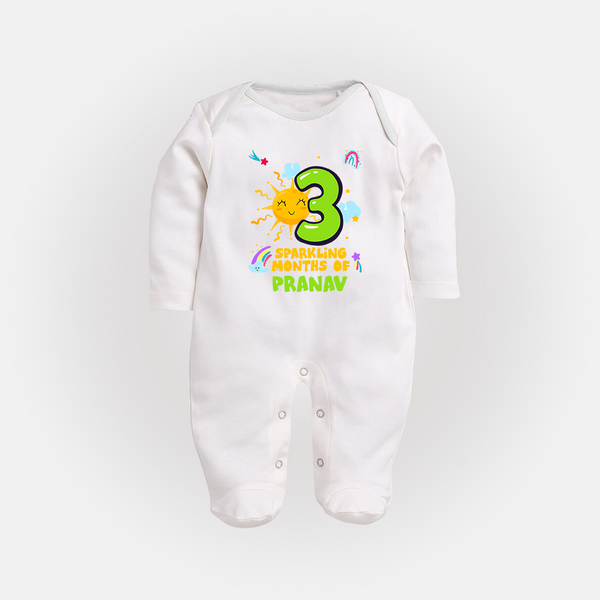 3rd Month Baby Outfit | Personalized Full Sleeve Bodysuit/ Sleep Suit/ Jumpsuit for Newborn | Milestone Gift Idea - WHITE - New Born (Chest 7.5")