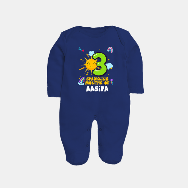 3rd Month Baby Outfit | Personalized Full Sleeve Bodysuit/ Sleep Suit/ Jumpsuit for Newborn | Milestone Gift Idea - NAVY BLUE - New Born (Chest 7.5")